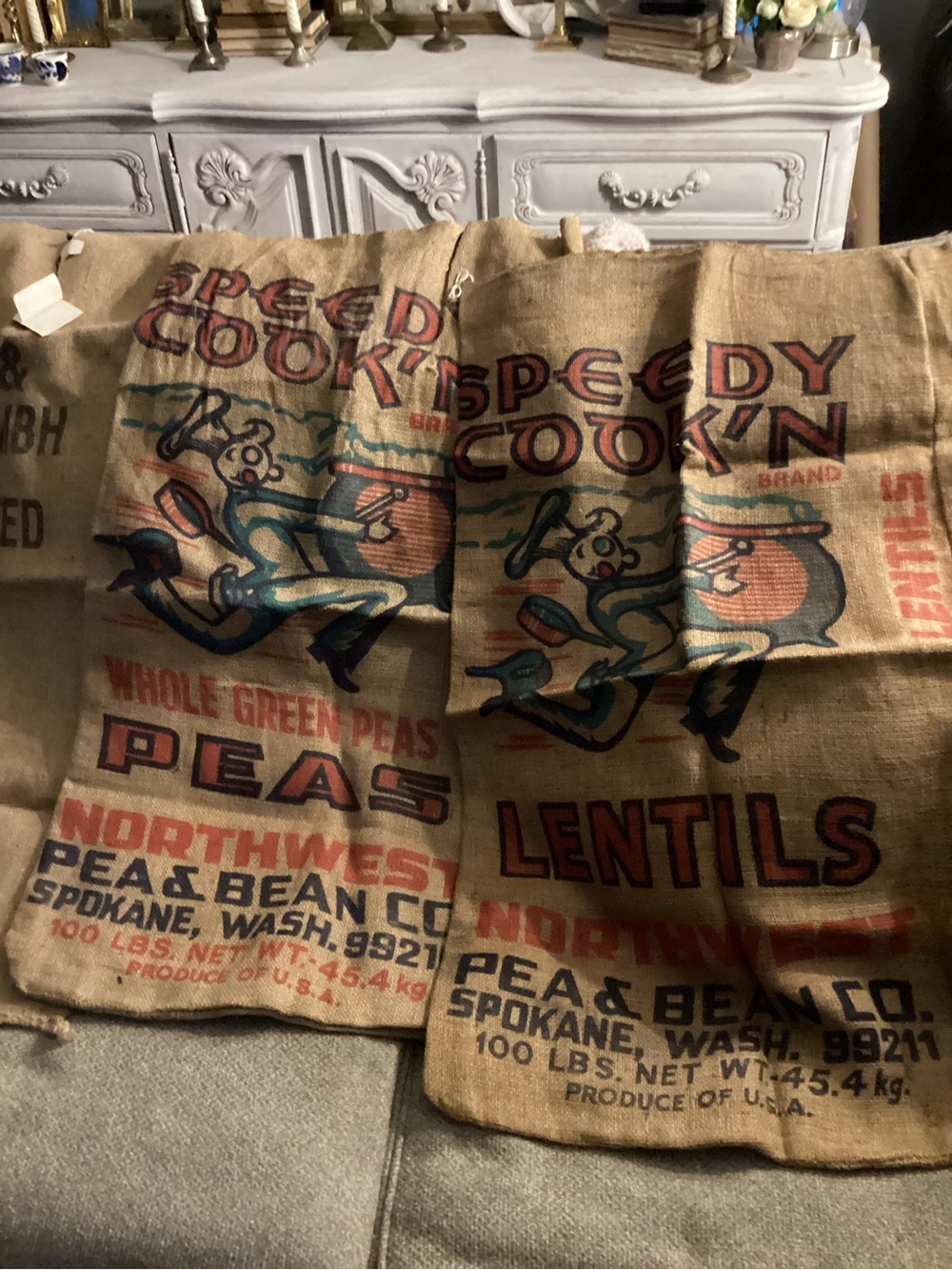 Vintage 'Speedy Cook'n' Printed Burlap Sacks - Peas & Lentils set of 2